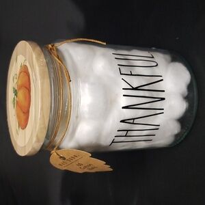 Rae Dunn NWT THANKFUL Wooden Lidded Glass Canister with Cottonballs